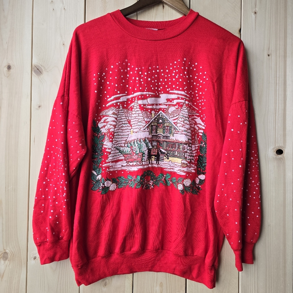 Vintage Christmas Scene Snow Red Holiday Sweater Womens Medium